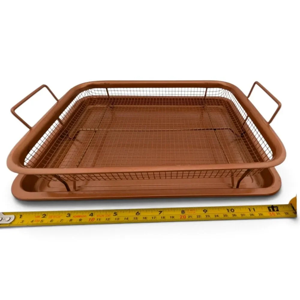 Copper Nonstick Baking Tray Roasting Pan w Mesh Basket Rack 2 Pc Set 12.75